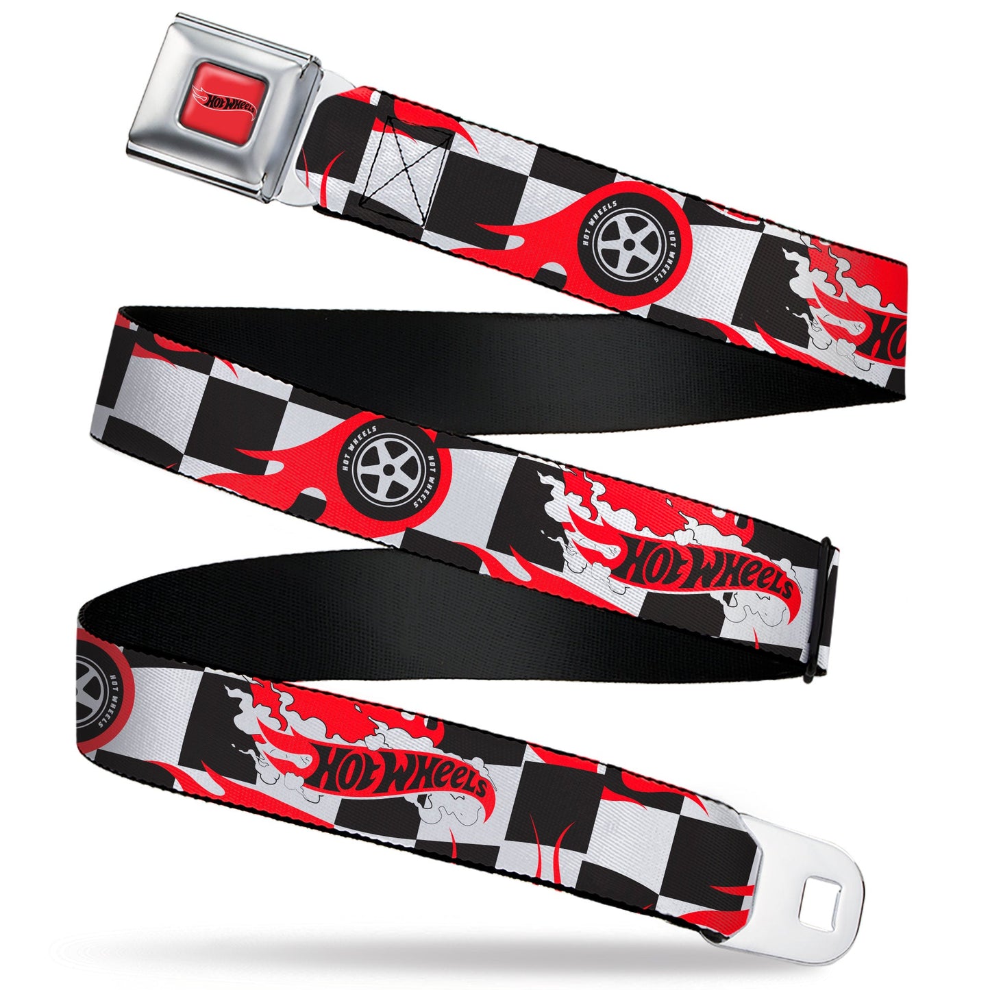 HOT WHEELS Classic Flame Logo Full Color Red/White/Black Seatbelt Belt - HOT WHEELS Logo and Tire Burn Out Checker Black/White Webbing