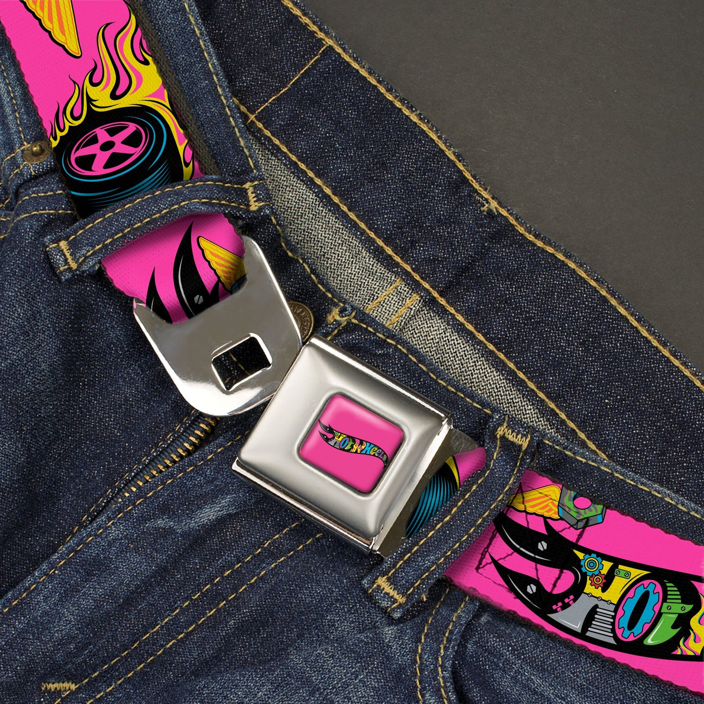 HOT WHEELS Classic Flame Logo Full Color Pink/Black/Multi Color Seatbelt Belt - HOT WHEELS Logo and Parts Collage Pink/Black/Multi Color Webbing