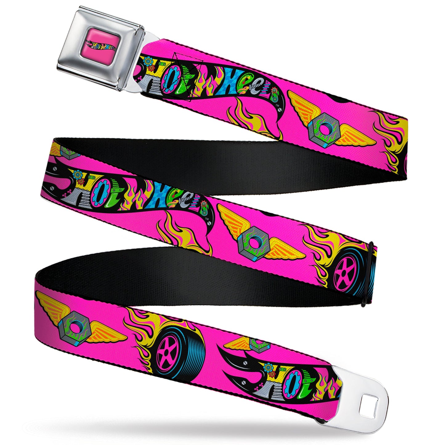 HOT WHEELS Classic Flame Logo Full Color Pink/Black/Multi Color Seatbelt Belt - HOT WHEELS Logo and Parts Collage Pink/Black/Multi Color Webbing