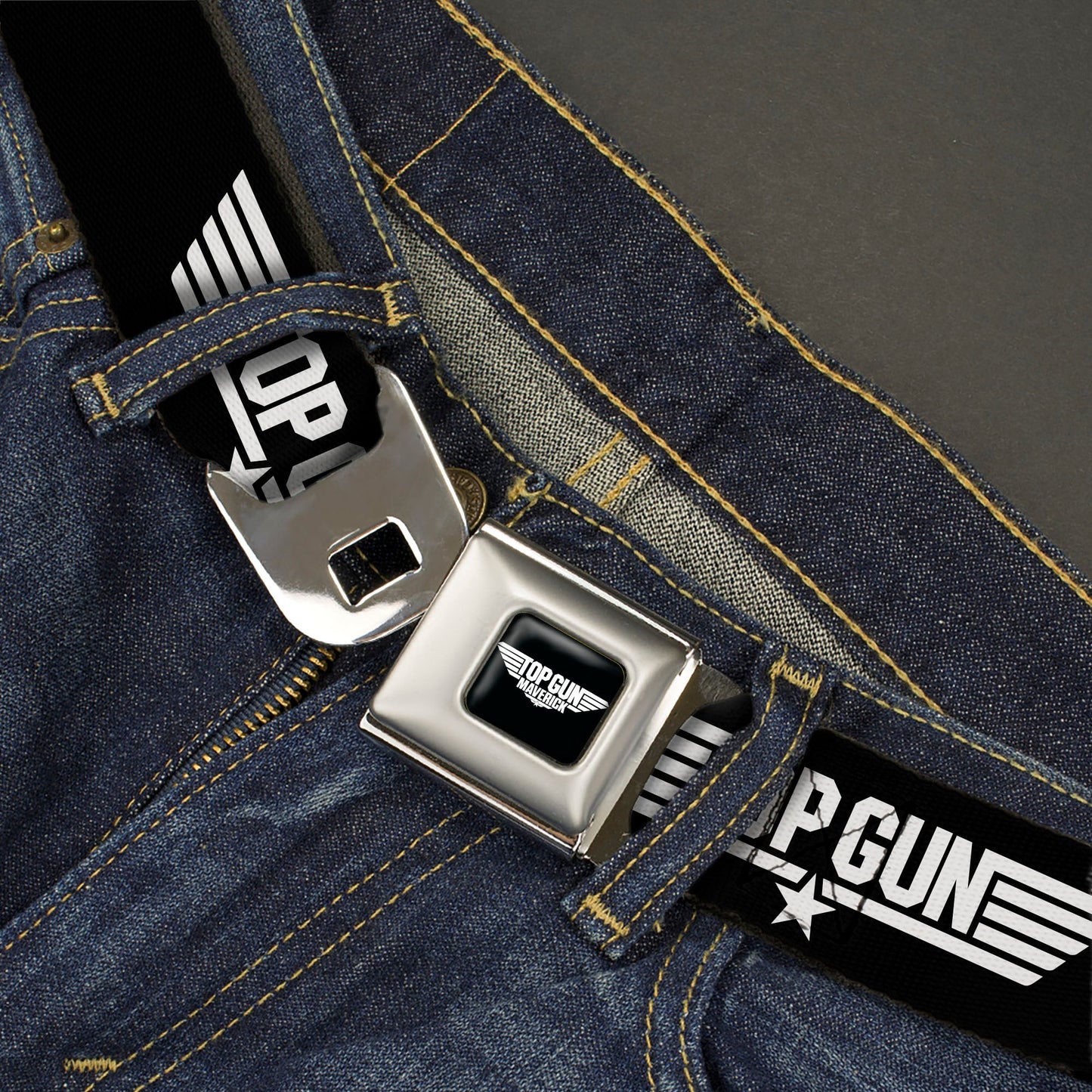 TOP GUN Title Logo Full Color Black/White Seatbelt Belt - TOP GUN Title Logo Black/White Webbing