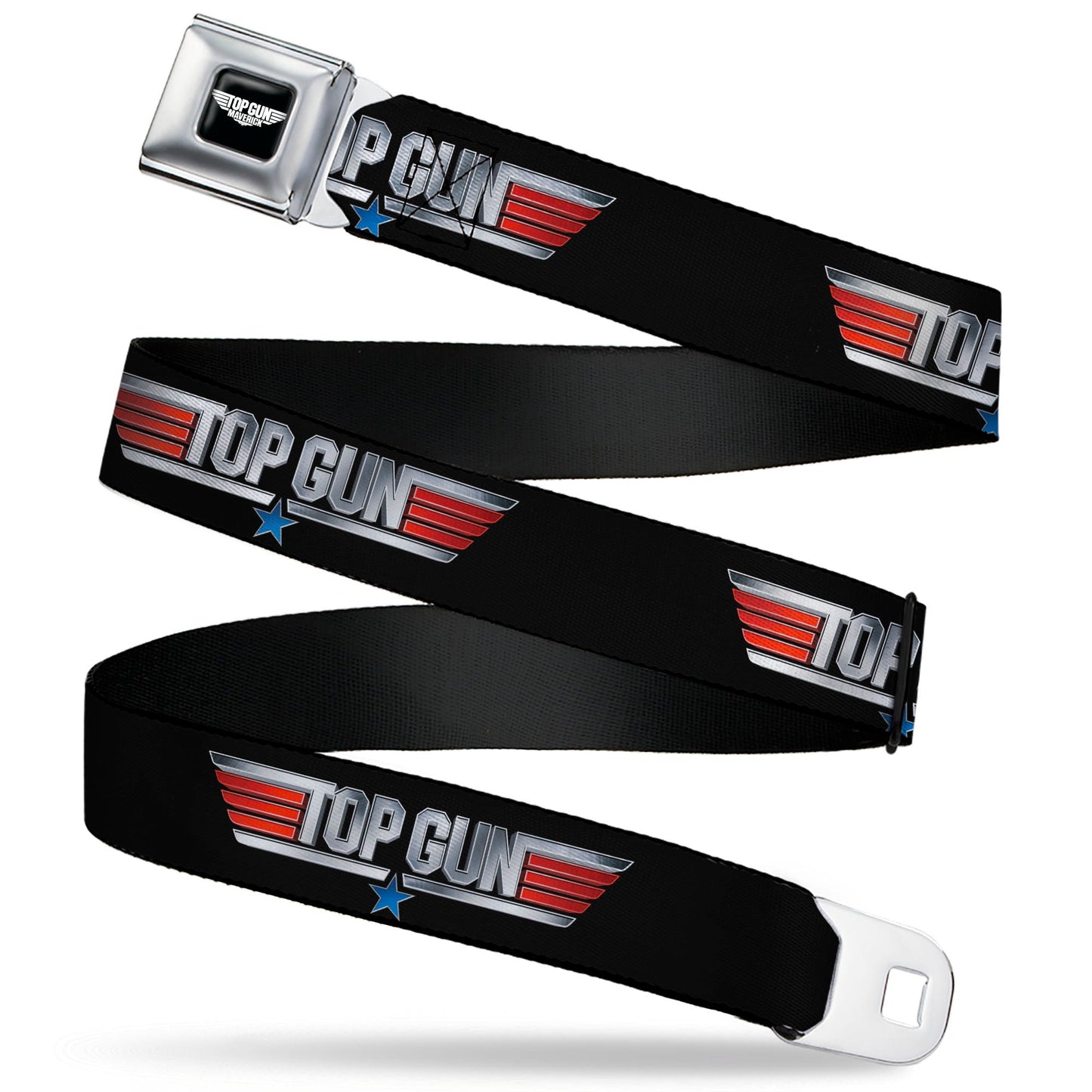 TOP GUN Title Logo Full Color Black/White Seatbelt Belt - TOP GUN Title Logo Black/Silver/Red/Blue Webbing