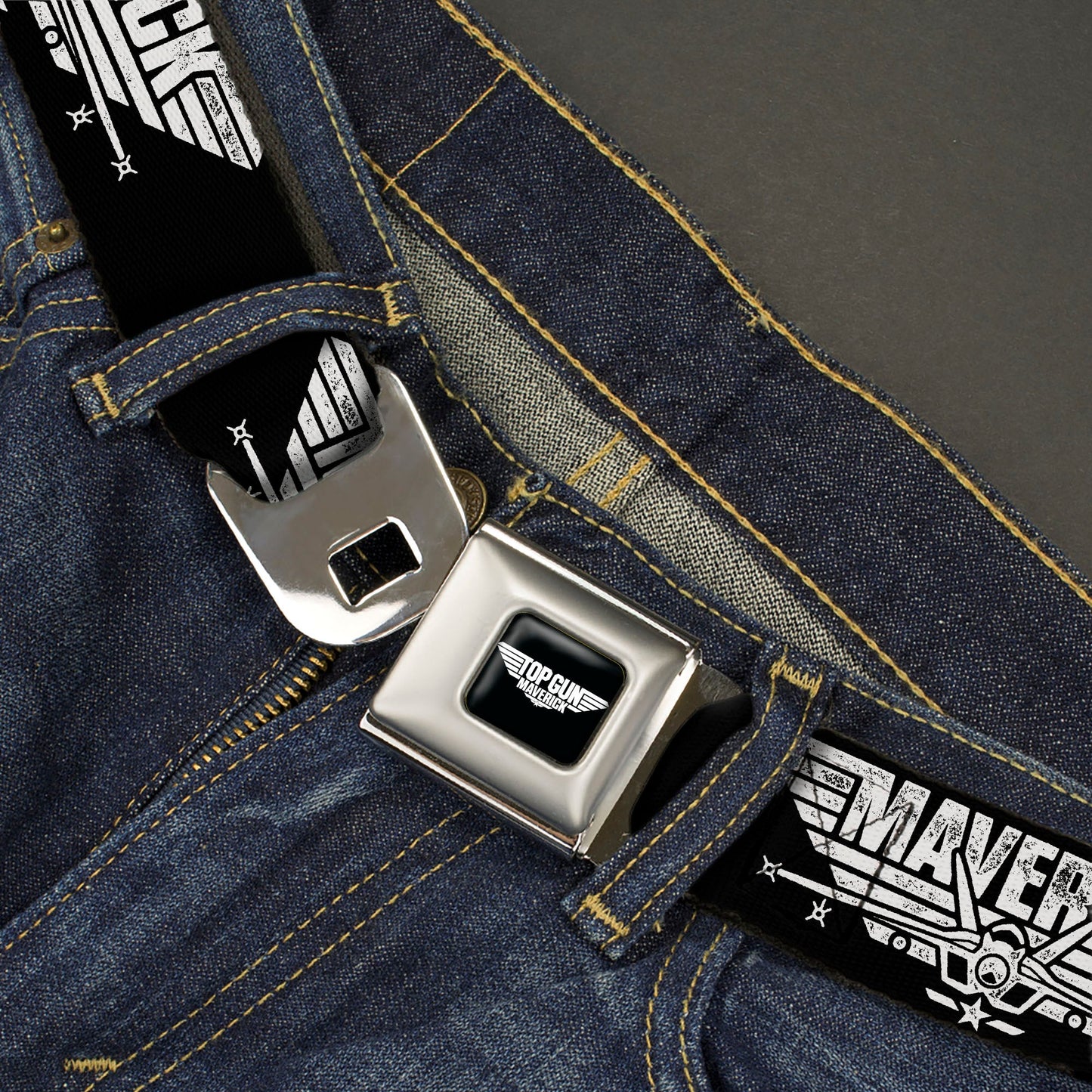 TOP GUN Title Logo Full Color Black/White Seatbelt Belt - TOP GUN MAVERICK Fighter Jet Logo Weathered Black/White Webbing