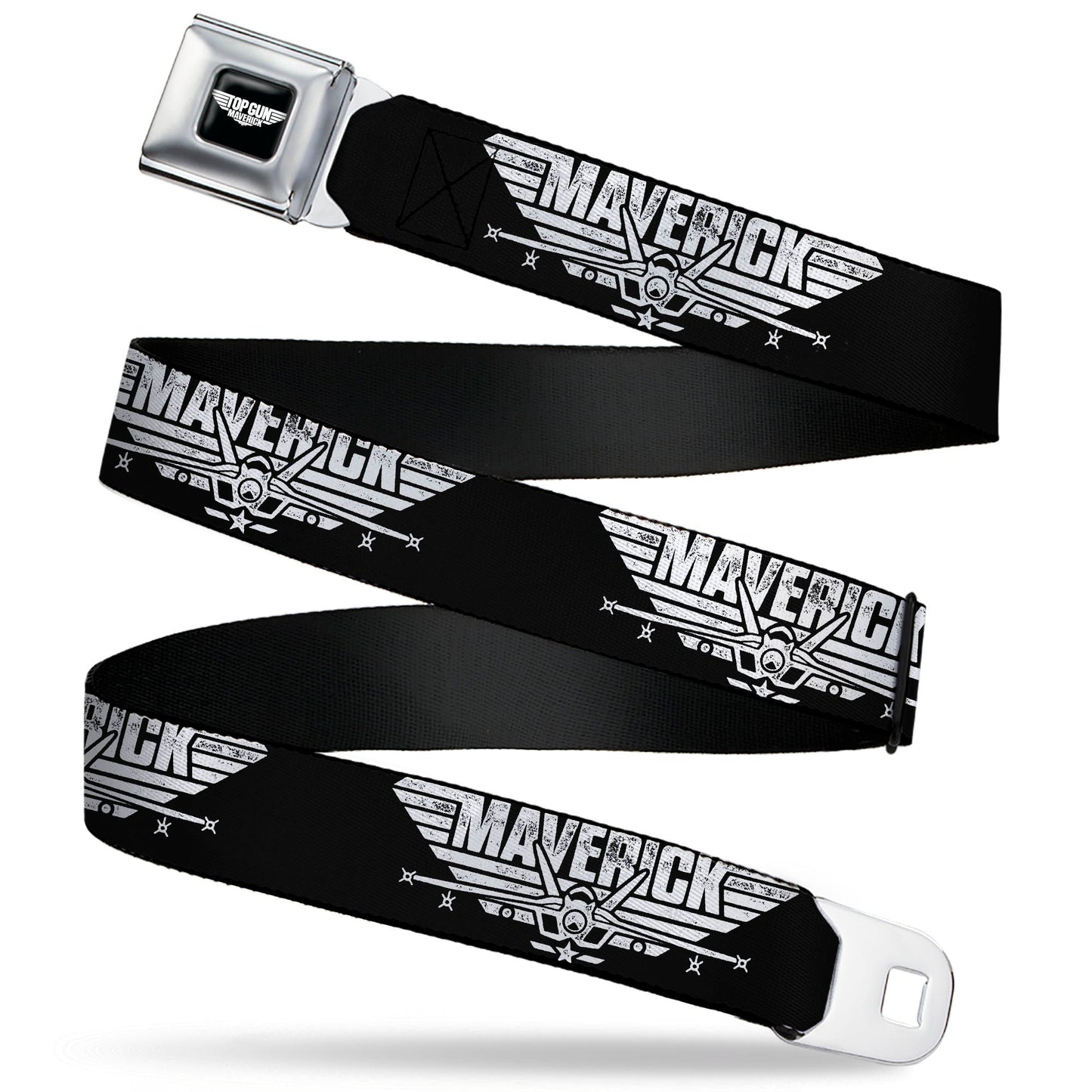 TOP GUN Title Logo Full Color Black/White Seatbelt Belt - TOP GUN MAVERICK Fighter Jet Logo Weathered Black/White Webbing