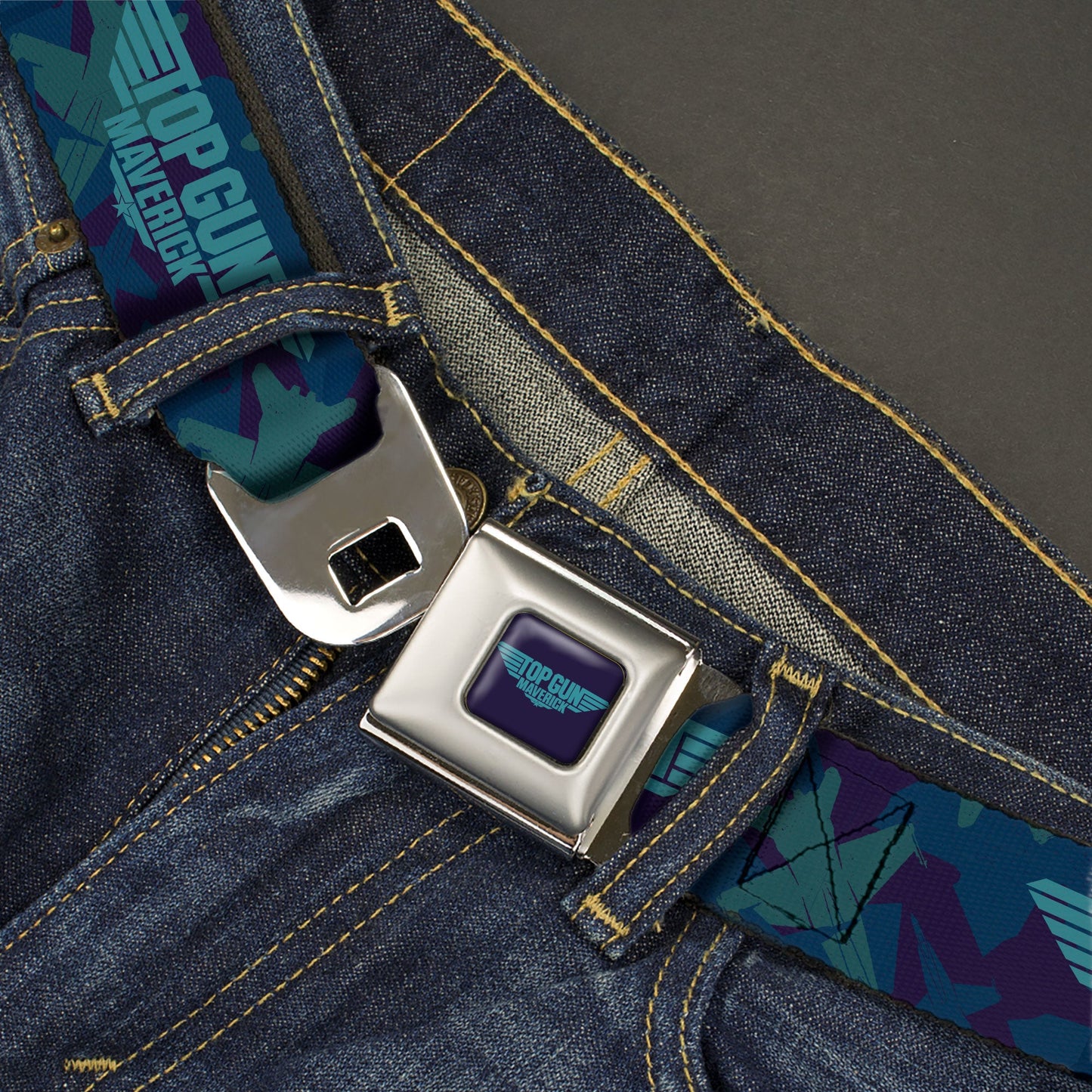 TOP GUN MAVERICK Title Logo Full Color Blues Seatbelt Belt - TOP GUN MAVERICK Title Logo Aircraft Silhouettes Collage Blues Webbing