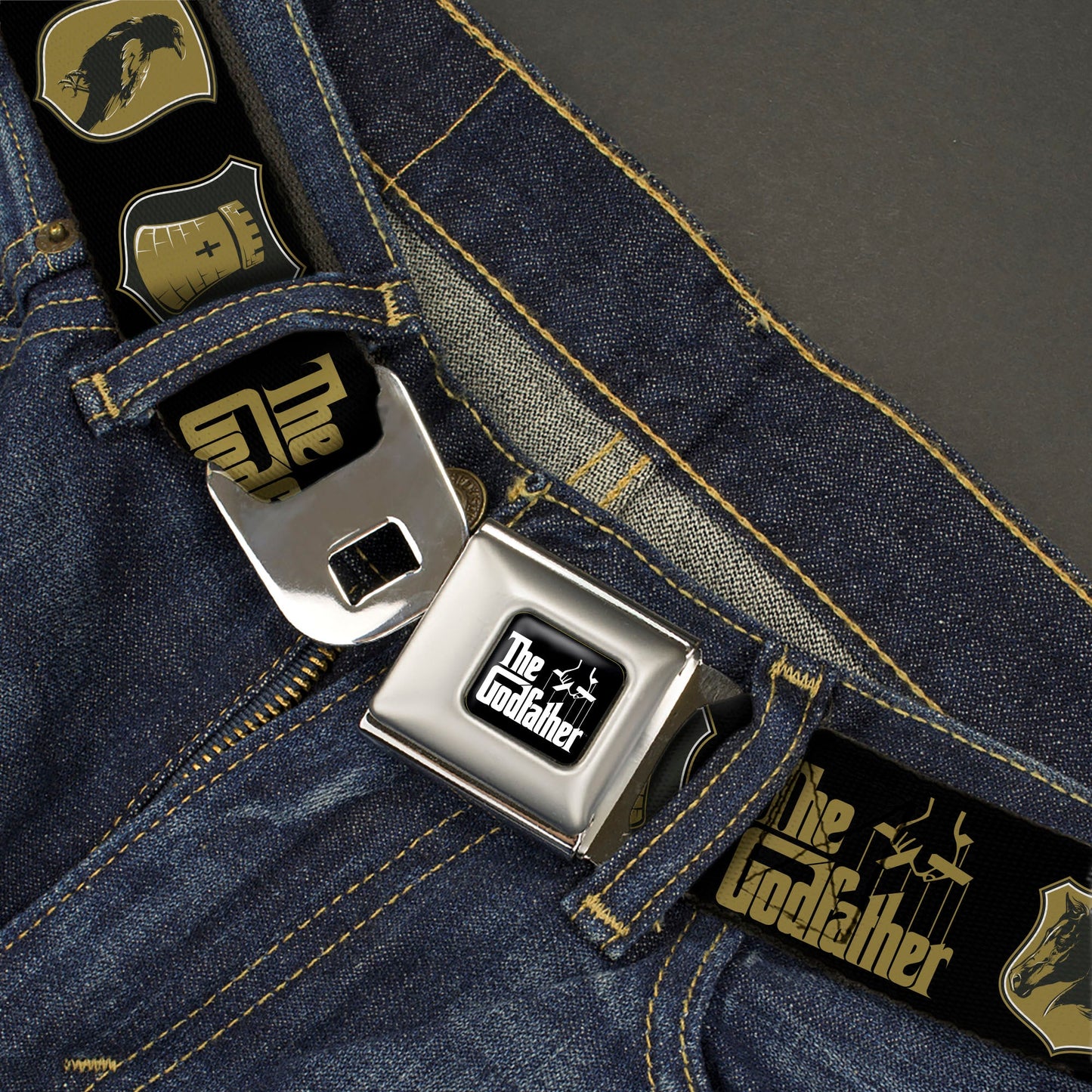 THE GODFATHER Title Logo Full Color Black/White Seatbelt Belt - THE GODFATHER Title Logo and Crest Icons Black/Gold Webbing