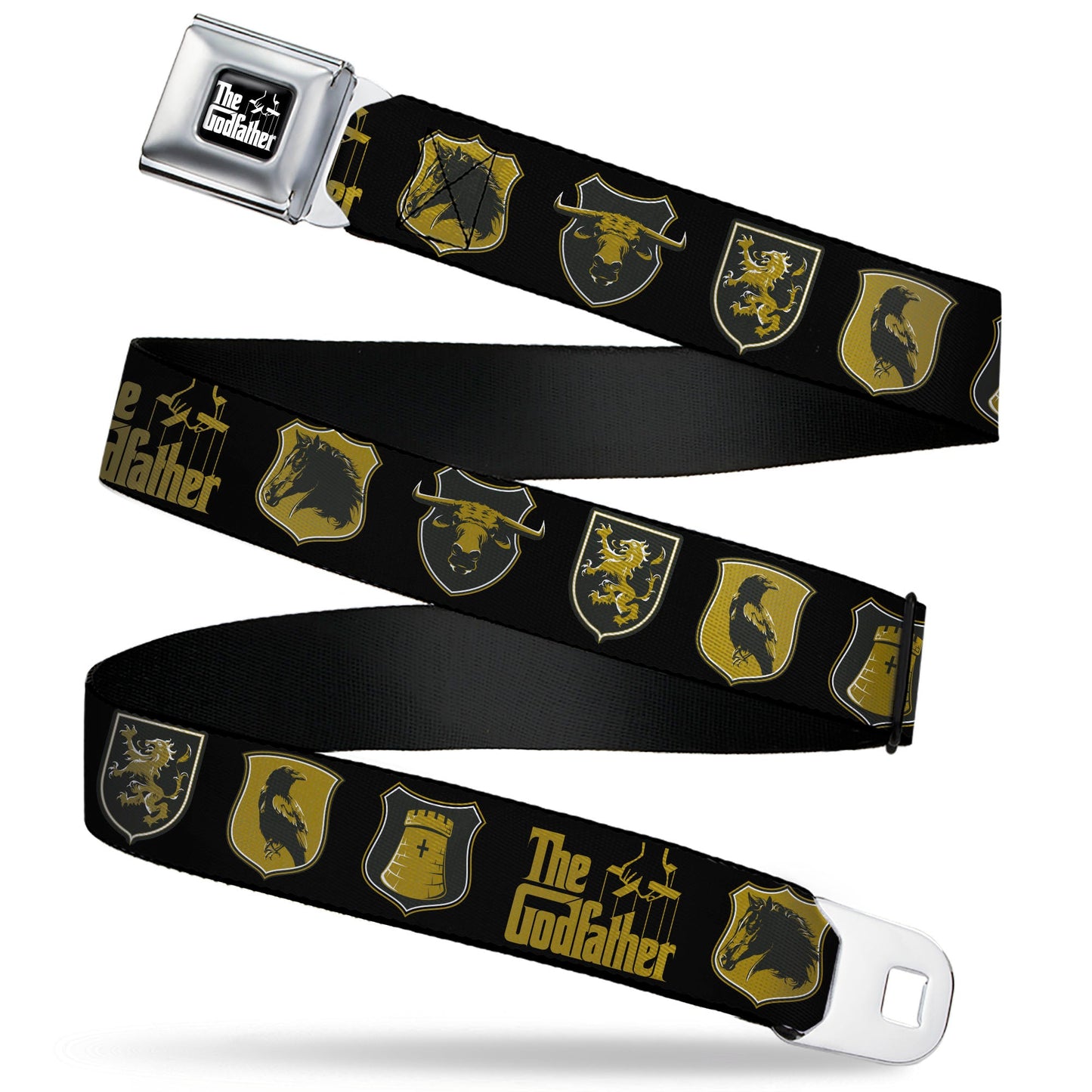 THE GODFATHER Title Logo Full Color Black/White Seatbelt Belt - THE GODFATHER Title Logo and Crest Icons Black/Gold Webbing