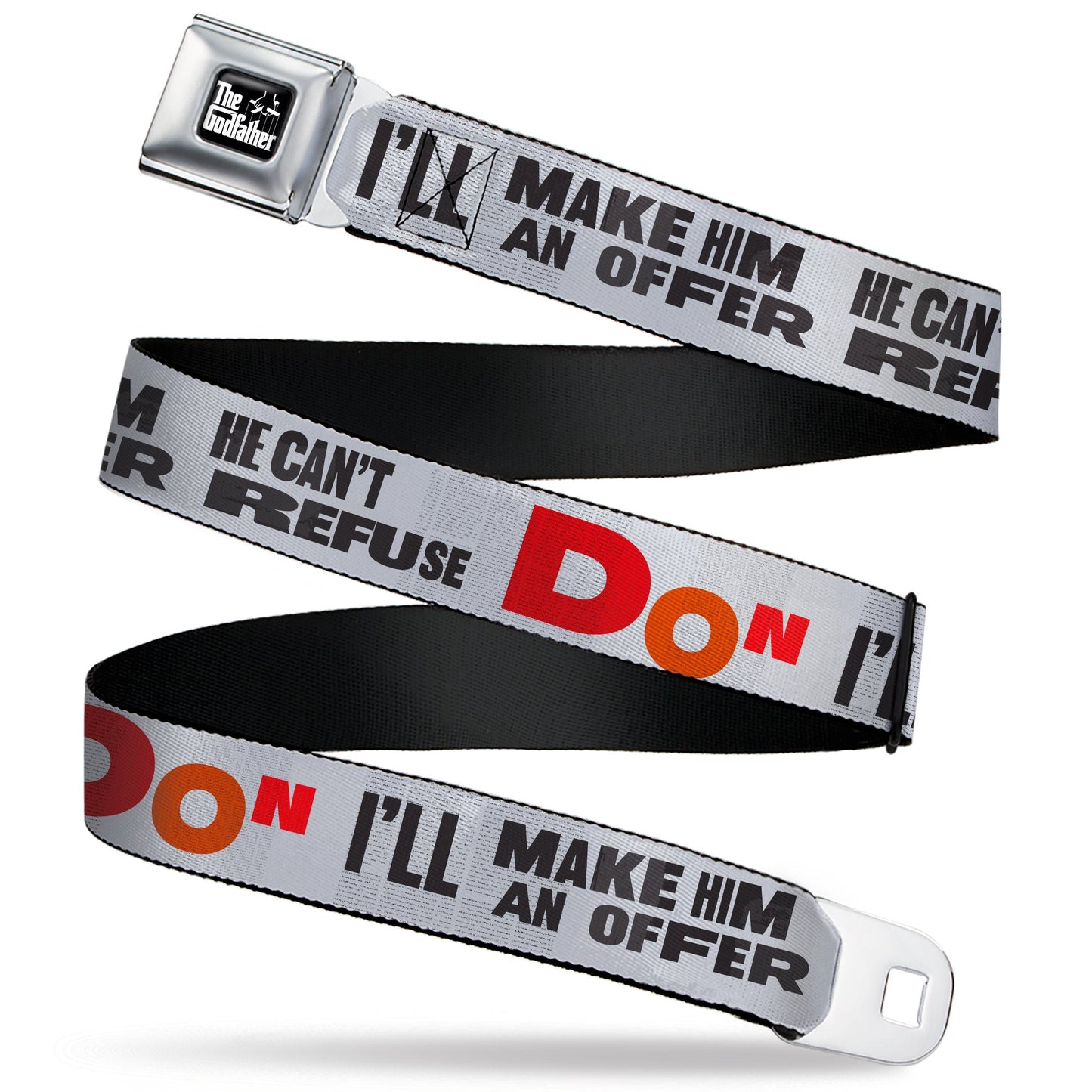THE GODFATHER Title Logo Full Color Black/White Seatbelt Belt - The Godfather Quote I'LL MAKE HIM AN OFFER HE CAN'T REFUSE Grays/Red Webbing