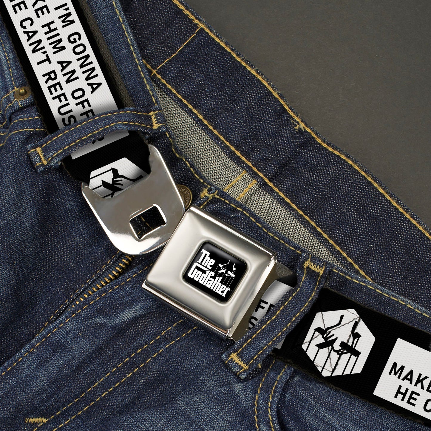 THE GODFATHER Title Logo Full Color Black/White Seatbelt Belt - The Godfather Quote I'M GONNA MAKE HIM AN OFFER HE CAN'T REFUSE Black/White Webbing