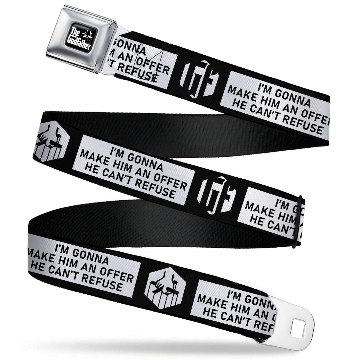 THE GODFATHER Title Logo Full Color Black/White Seatbelt Belt - The Godfather Quote I'M GONNA MAKE HIM AN OFFER HE CAN'T REFUSE Black/White Webbing