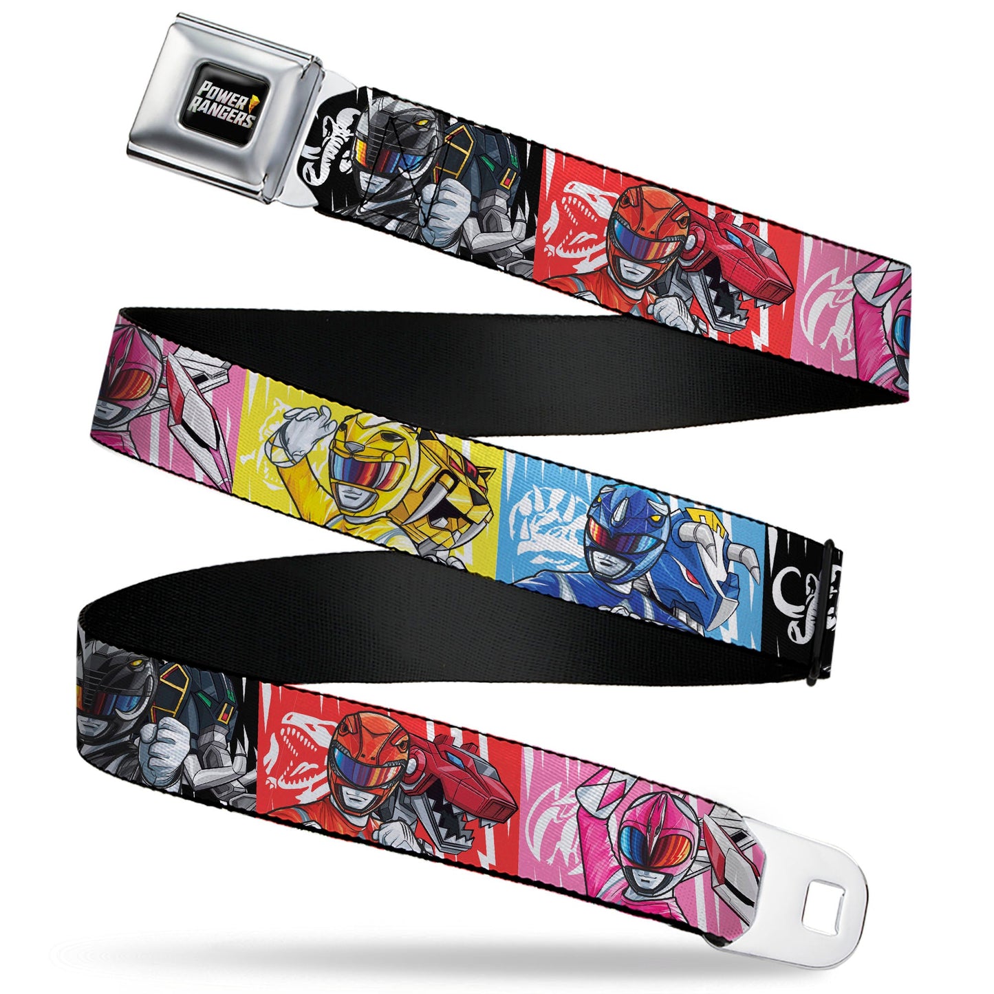 POWER RANGERS Bolt Logo Full Color Black/Gray/Yellows Seatbelt Belt - Power Rangers Pose with Zord and Icon Blocks Multi Color Webbing