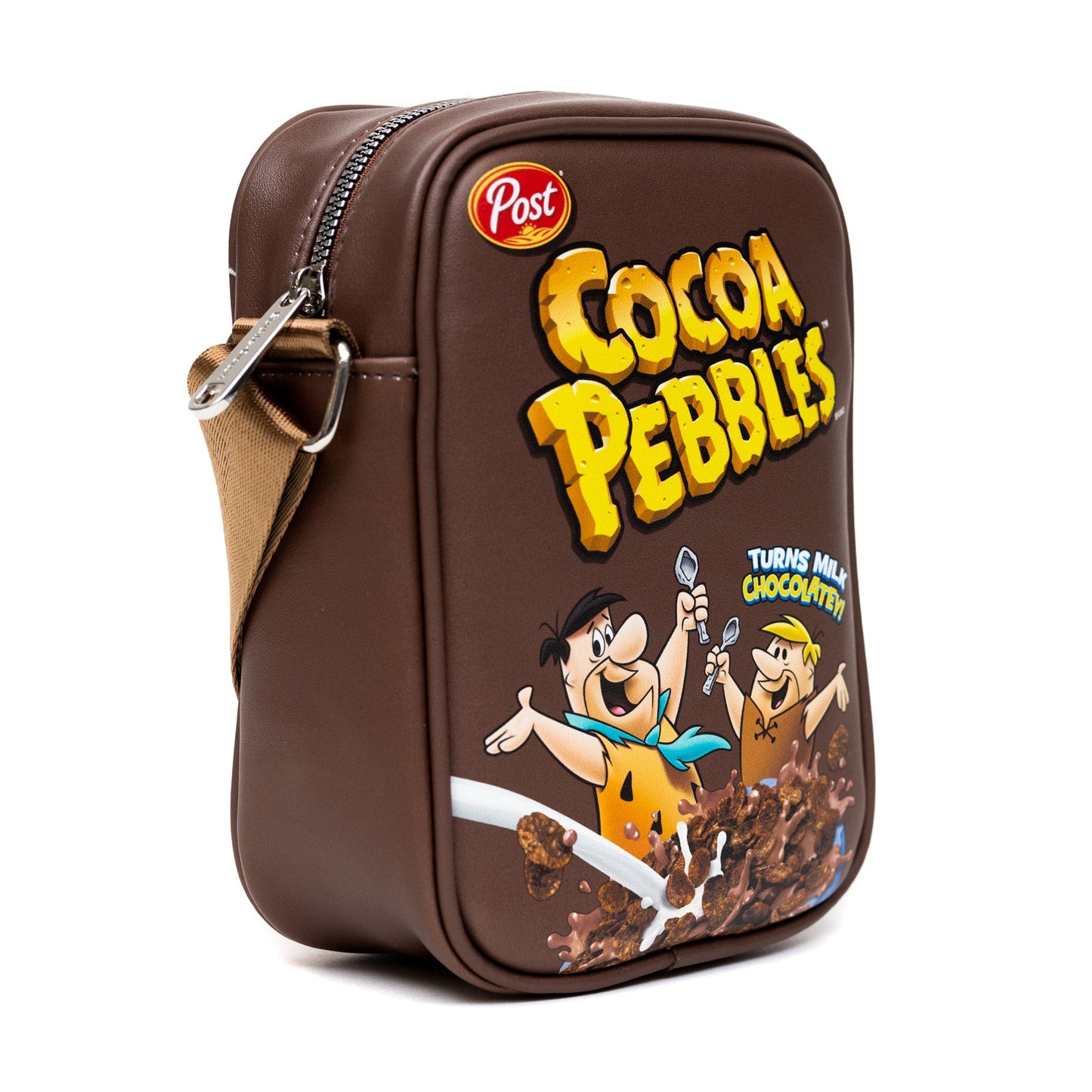 The Flintstones Bag, Cross Body, Cocoa Pebbles Fred and Barney Cereal Box Replica, Brown, Vegan Leather