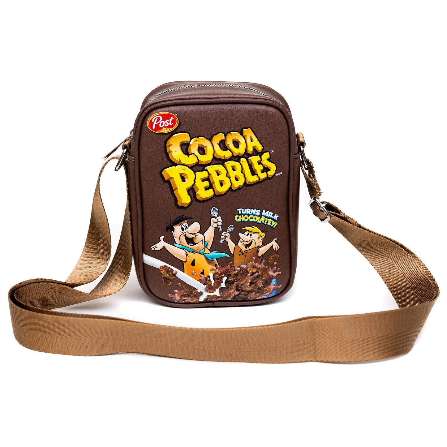 The Flintstones Bag, Cross Body, Cocoa Pebbles Fred and Barney Cereal Box Replica, Brown, Vegan Leather