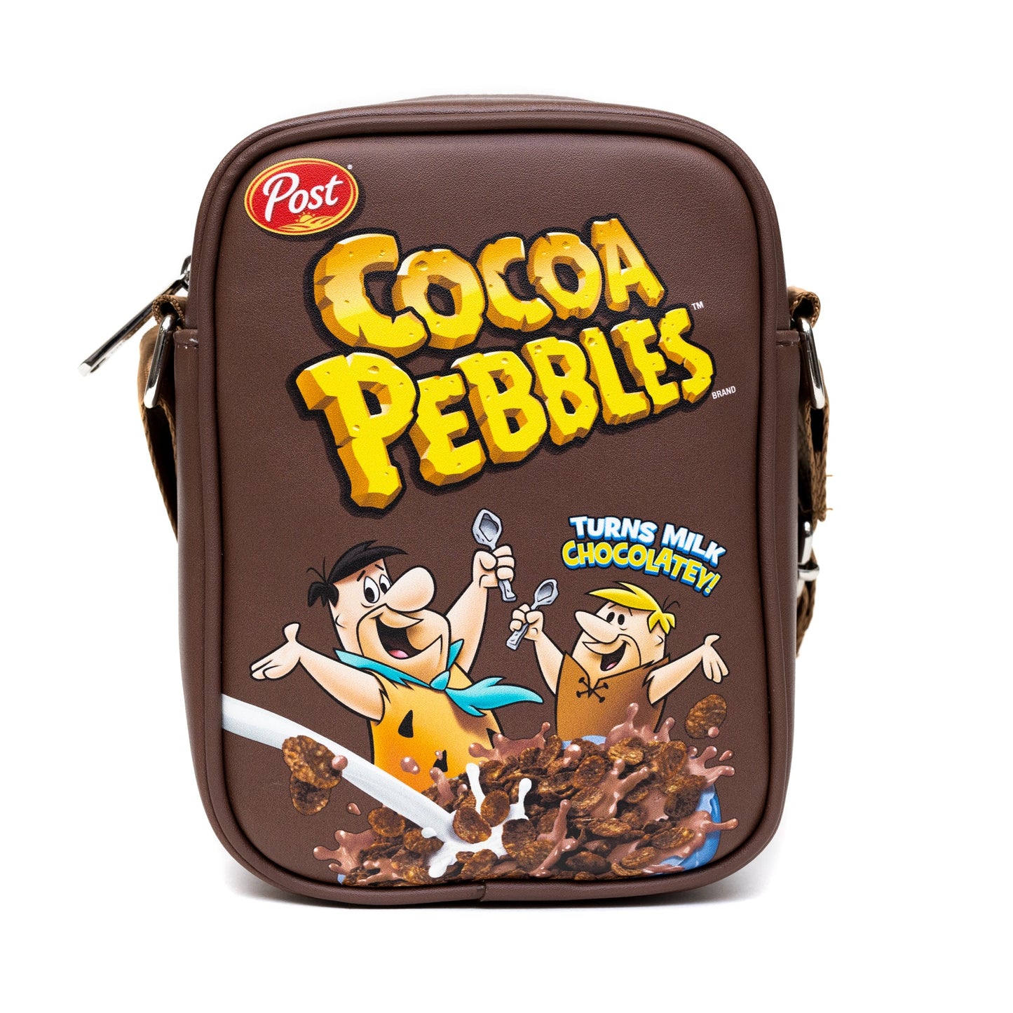 The Flintstones Bag, Cross Body, Cocoa Pebbles Fred and Barney Cereal Box Replica, Brown, Vegan Leather