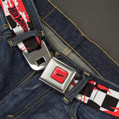 HOT WHEELS Classic Flame Logo Full Color Red/White/Black Seatbelt Belt - HOT WHEELS Logo and Tire Burn Out Checker Black/White Webbing