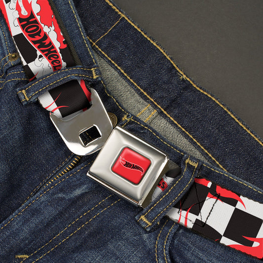 HOT WHEELS Classic Flame Logo Full Color Red/White/Black Seatbelt Belt - HOT WHEELS Logo and Tire Burn Out Checker Black/White Webbing