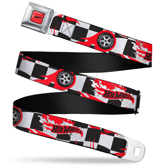 HOT WHEELS Classic Flame Logo Full Color Red/White/Black Seatbelt Belt - HOT WHEELS Logo and Tire Burn Out Checker Black/White Webbing