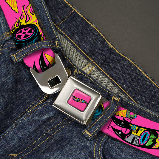 HOT WHEELS Classic Flame Logo Full Color Pink/Black/Multi Color Seatbelt Belt - HOT WHEELS Logo and Parts Collage Pink/Black/Multi Color Webbing