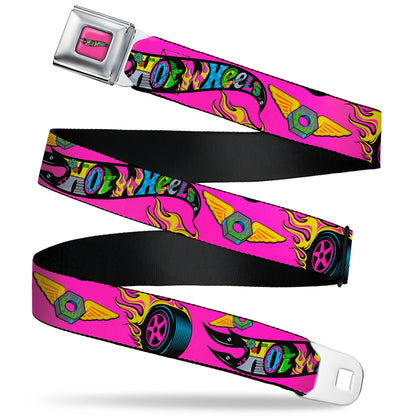 HOT WHEELS Classic Flame Logo Full Color Pink/Black/Multi Color Seatbelt Belt - HOT WHEELS Logo and Parts Collage Pink/Black/Multi Color Webbing