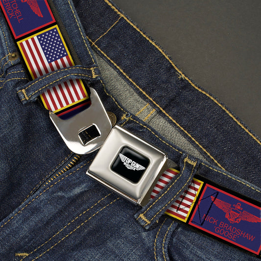 TOP GUN Title Logo Full Color Black/White Seatbelt Belt - Top Gun Maverick Goose and American Flag Patch Blocks Black Webbing