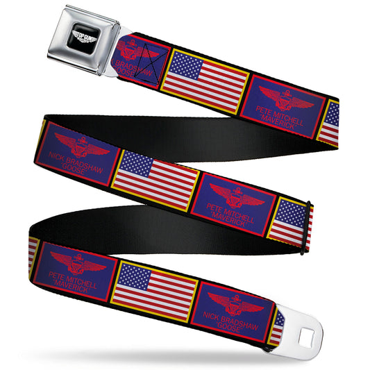 TOP GUN Title Logo Full Color Black/White Seatbelt Belt - Top Gun Maverick Goose and American Flag Patch Blocks Black Webbing