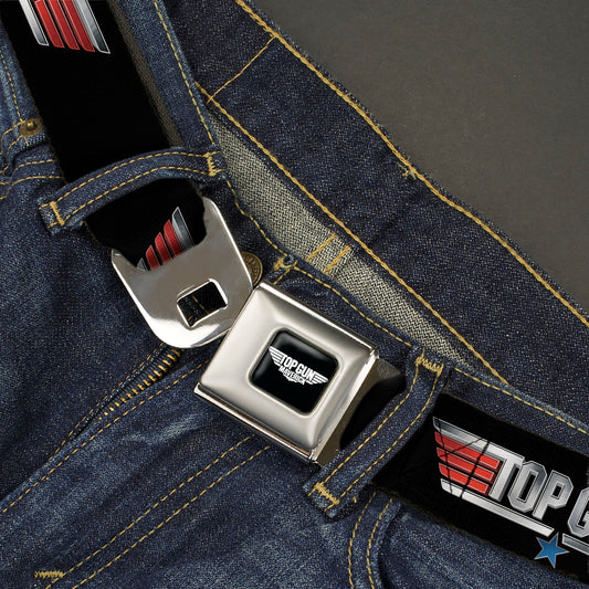 TOP GUN Title Logo Full Color Black/White Seatbelt Belt - TOP GUN Title Logo Black/Silver/Red/Blue Webbing