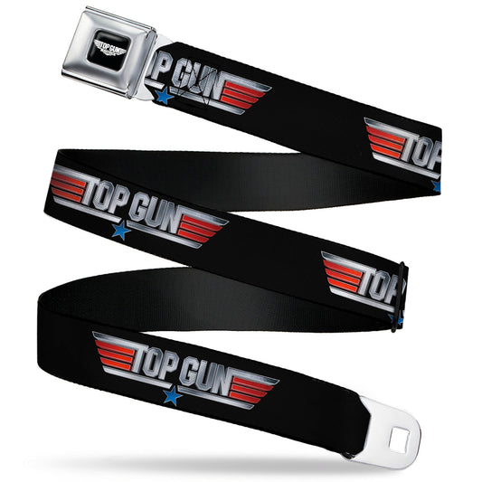 TOP GUN Title Logo Full Color Black/White Seatbelt Belt - TOP GUN Title Logo Black/Silver/Red/Blue Webbing