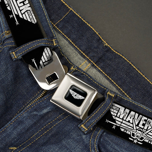 TOP GUN Title Logo Full Color Black/White Seatbelt Belt - TOP GUN MAVERICK Fighter Jet Logo Weathered Black/White Webbing