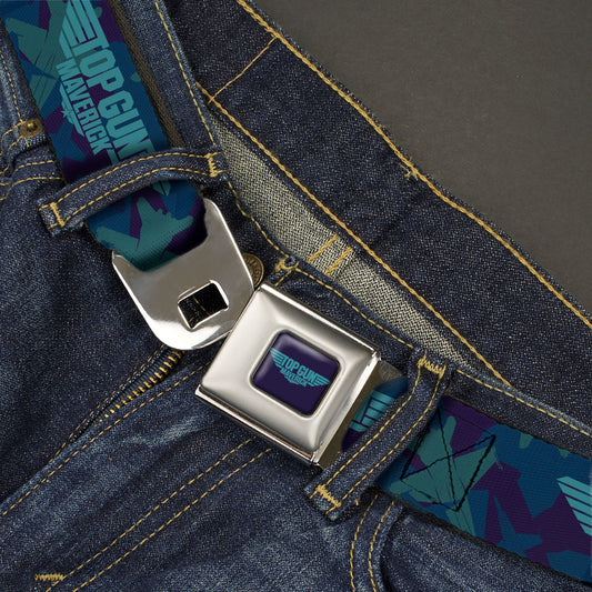 TOP GUN MAVERICK Title Logo Full Color Blues Seatbelt Belt - TOP GUN MAVERICK Title Logo Aircraft Silhouettes Collage Blues Webbing