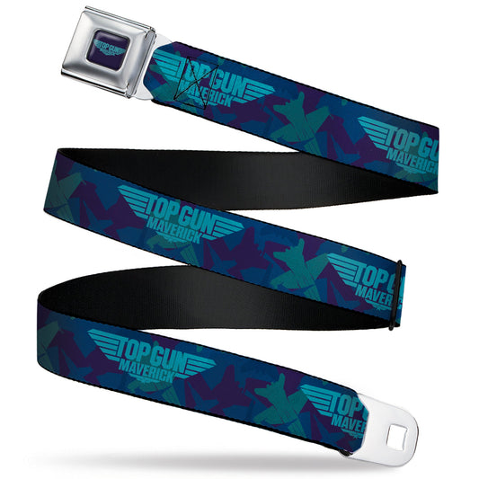 TOP GUN MAVERICK Title Logo Full Color Blues Seatbelt Belt - TOP GUN MAVERICK Title Logo Aircraft Silhouettes Collage Blues Webbing