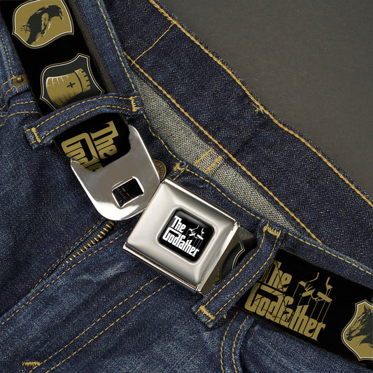THE GODFATHER Title Logo Full Color Black/White Seatbelt Belt - THE GODFATHER Title Logo and Crest Icons Black/Gold Webbing