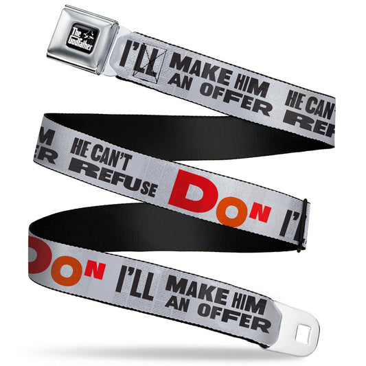 THE GODFATHER Title Logo Full Color Black/White Seatbelt Belt - The Godfather Quote I'LL MAKE HIM AN OFFER HE CAN'T REFUSE Grays/Red Webbing