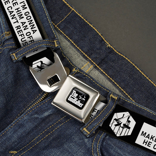 THE GODFATHER Title Logo Full Color Black/White Seatbelt Belt - The Godfather Quote I'M GONNA MAKE HIM AN OFFER HE CAN'T REFUSE Black/White Webbing