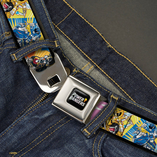 POWER RANGERS Bolt Logo Full Color Black/Gray/Yellows Seatbelt Belt - Power Rangers and Zord Action Pose Blocks Webbing