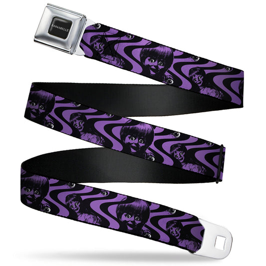 ANNABELLE Title Logo Full Color Black/White Seatbelt Belt - Annabelle Face and Eyeballs Squiggle Black/Purple Webbing