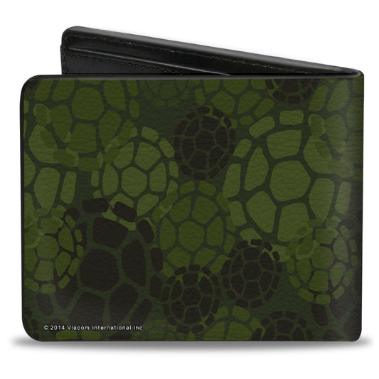 Bi-Fold Wallet - Classic Turtle Face CLOSE-UP Outline TMNT Turtle Shell Camo Olive White
