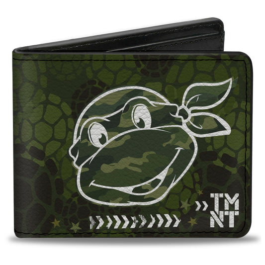 Bi-Fold Wallet - Classic Turtle Face CLOSE-UP Outline TMNT Turtle Shell Camo Olive White