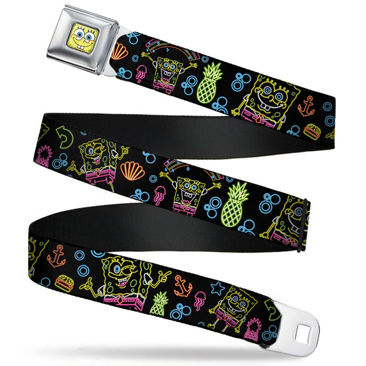 Sponge Bob Face CLOSE-UP Full Color Seatbelt Belt - Electric SpongeBob Poses/Elements Black/Multi Color Webbing