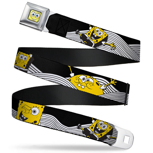 Sponge Bob Face CLOSE-UP Full Color Seatbelt Belt - SpongeBob Action Poses/Wave Black/White/Yellow Webbing